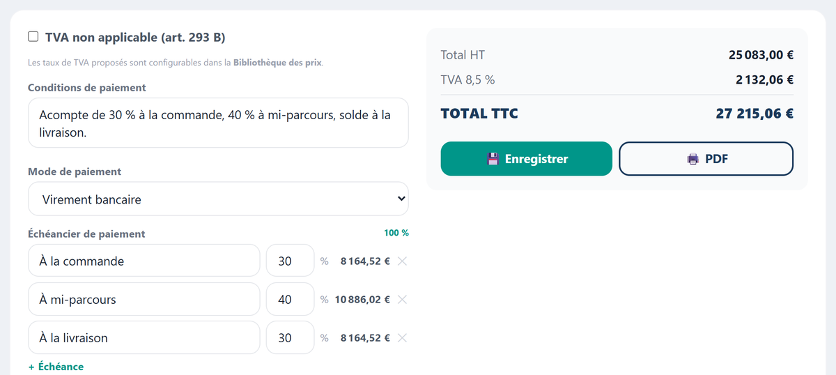 Devis fictif 00001 : conditions de paiement, virement bancaire, échéancier en trois versements de 30, 40 et 30 pour cent, totaux du devis, boutons Enregistrer et PDF