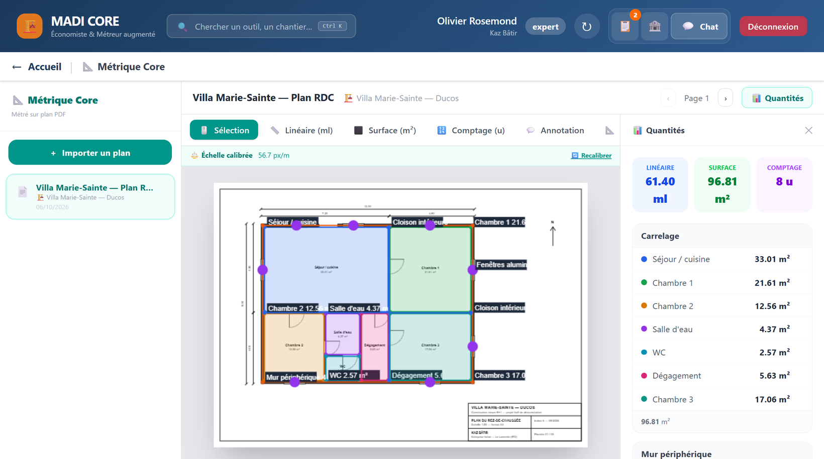 Métrique Core : plan fictif de la villa Marie-Sainte, outils linéaire, surface et comptage, échelle calibrée, quantités regroupées par corps de métier