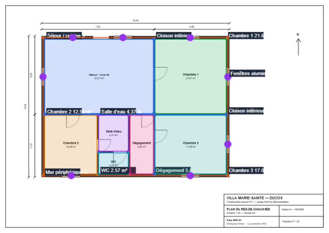 Plan fictif de la villa Marie-Sainte mesuré dans Métrique Core : surface de chaque pièce, mur périphérique et fenêtres comptées
